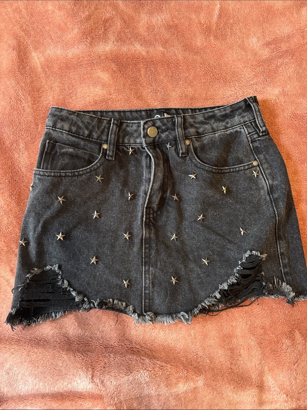 Black Star-Studded Distressed Denim Mini Skirt